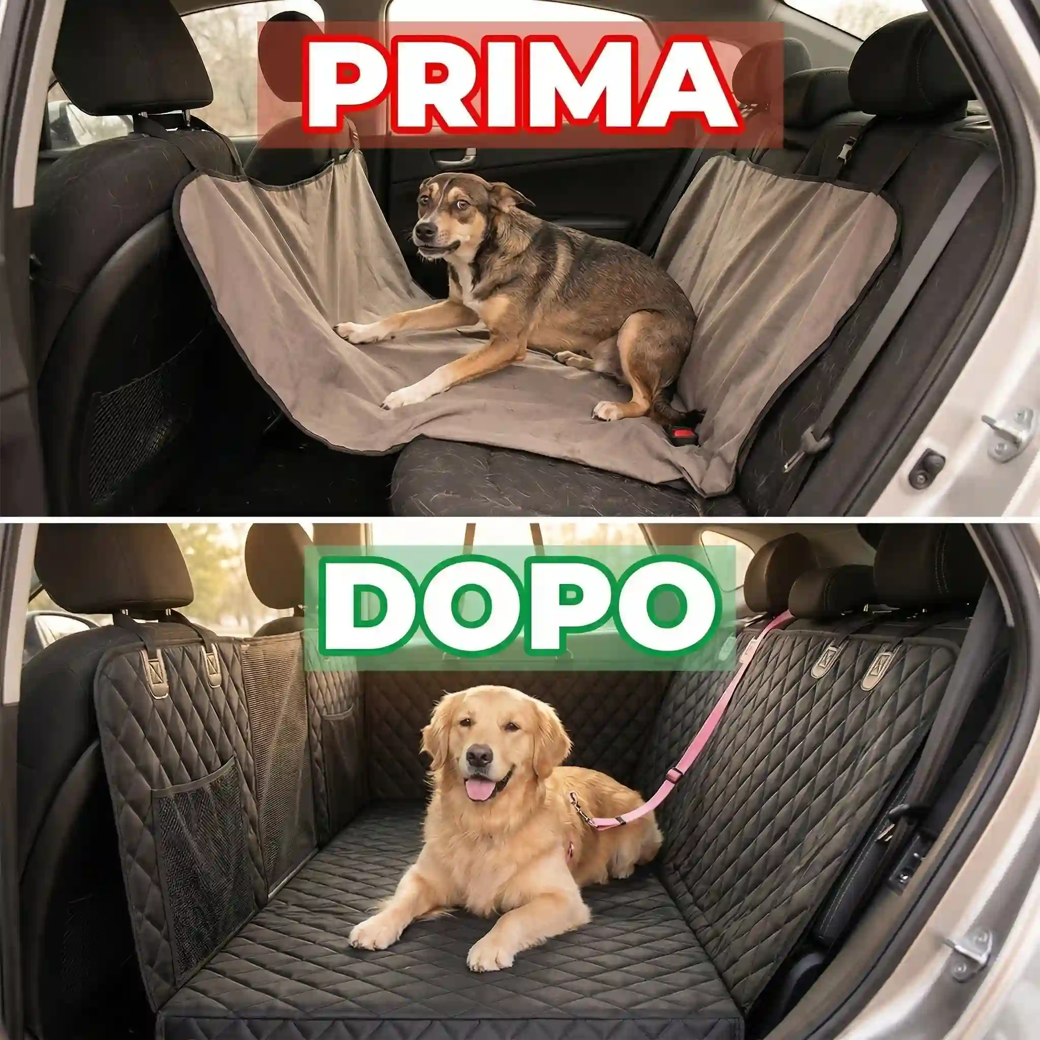 Prima e dopo: confronto tra amaca morbida che sprofonda e coprisedile a fondo rigido Kit Viaggio Sicuro con cane rilassato e cintura di sicurezza