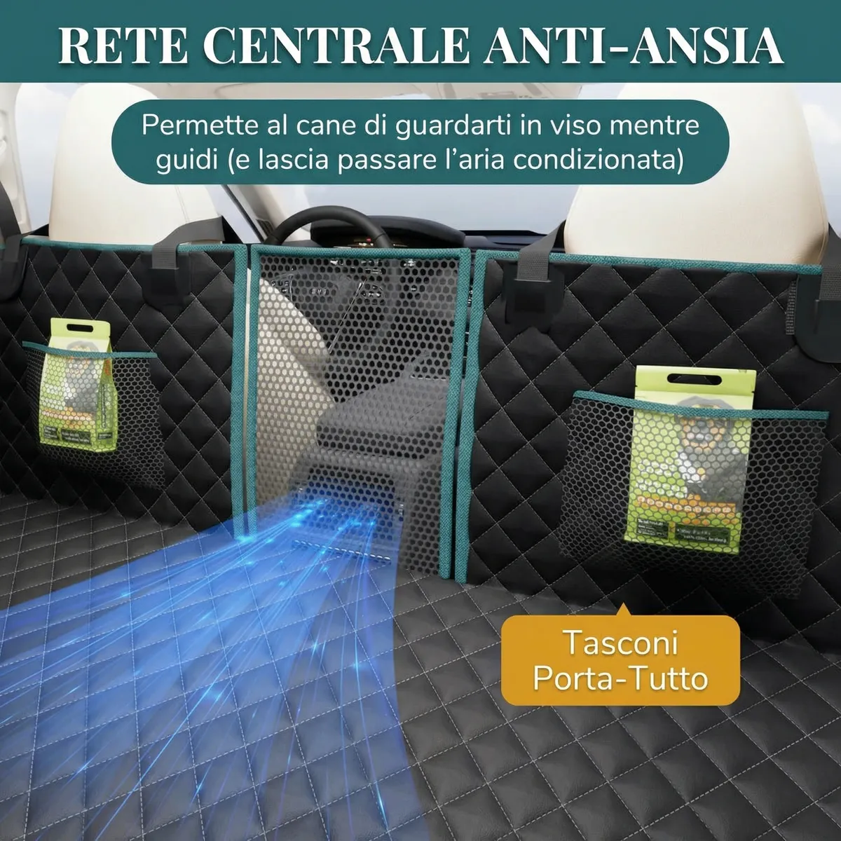 Rete centrale trasparente anti-ansia del coprisedile auto con tasche laterali portaoggetti